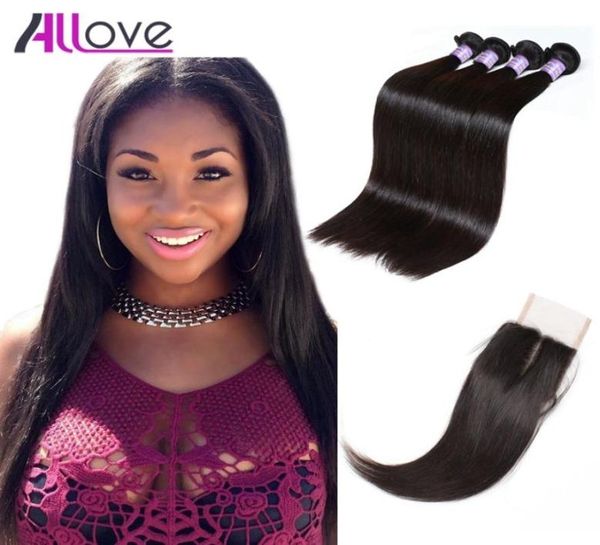 

allove 8a peruvian virgin extensions wefts straight human hair bundles with 4x4 lace closure brazilian whole for women all age7839358, Black