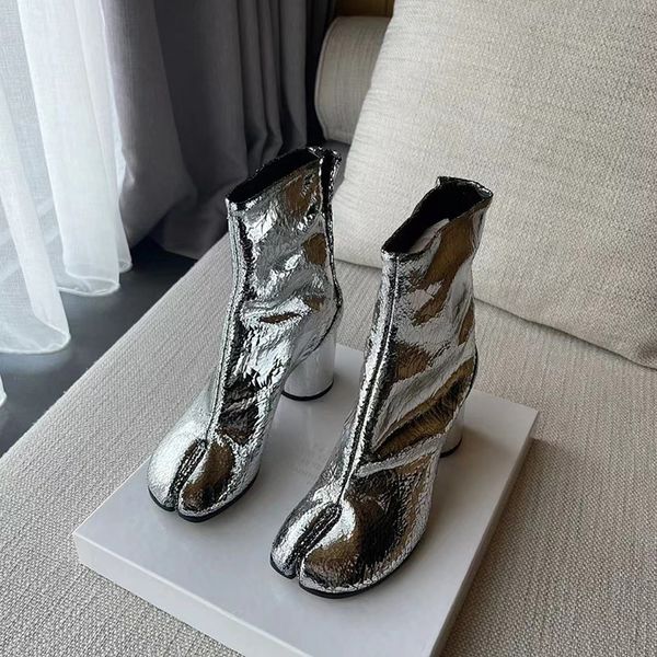 

boots silver tabi boots split toe chunky high heel women boots leather zapatos mujer fashion autumn women shoes botas mujer 230511, Black