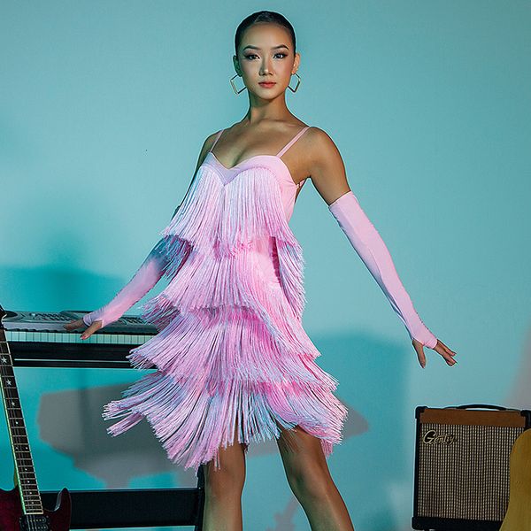 

skirt full fringed latin dress backless suspender latin dance dress cha cha rumba samba latin practice clothes sl6494 230511, Black;white