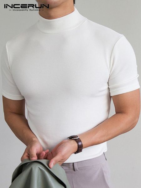 

men's polos incerun men thin t shirt solid color turtleneck short sleeve streetwear fitness casual men clothing leisure camisetas s-5xl, White;black