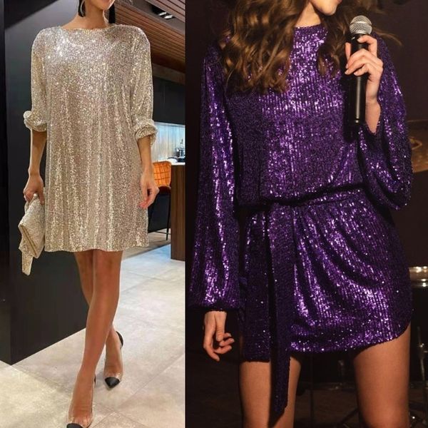 

skirt womens puff long sleeve glitter sequin dress with belt evening wedding bridesmaid sparkly loose fit mini short dresses 230511, Black;white
