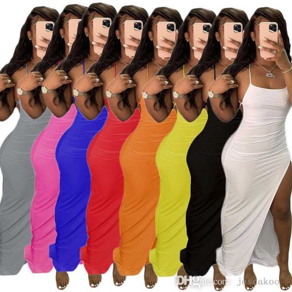

designer dress womens solid color split maxi dresses summer sleeveless lace up backless beach bodycon sundresses, Black;gray