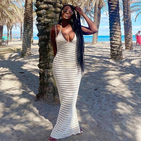 

swimwear knitted crochet maxi coverups dress backless hollow out beach dress for women 2022 new summer holiday lady outfits, White;black