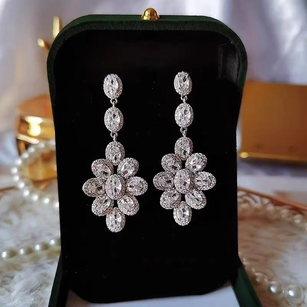 

charm flower diamond dangle earring 925 sterling silver wedding drop earrings for women bridal promise engagement party jewelry, Golden;silver