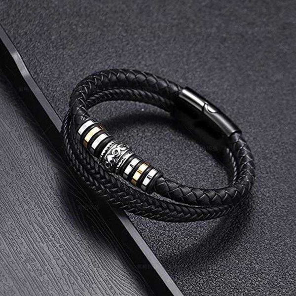 

ethnic style jewelry stainless steel color bracelet mens multi layer woven leather string magnetic snap wholesale, Golden;silver