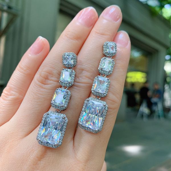 

valuable long aaaaa zircon cz dangle earring silver color party wedding drop earrings for women bridal promise jewelry, Golden;silver