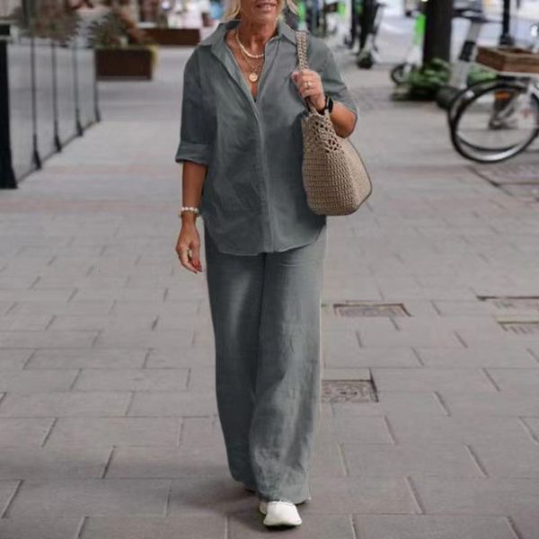 

women's two piece pants 1 set women summer suit turn-down collar pants suit solid color shirt trousers two-piece set casual wide leg ou, White