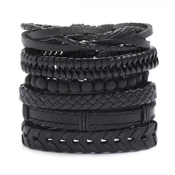 

retro black woven mens leather bracelet simple diy combination set, Golden;silver