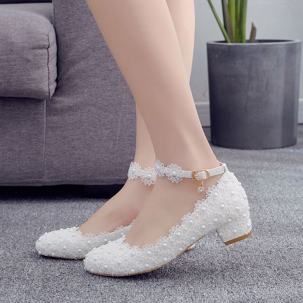

dress shoes female fashion wedding shoes bridesmaid banquet white lace flower pearl round toe square high heels women's bridal pumps h0, Black