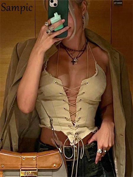 

women's tanks camis sampic women halter neck corset crop y2k off shoulder sleeveless backless tank vintage summer 230511, White