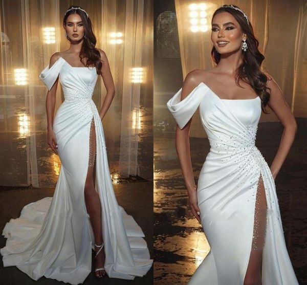 

mermaid wedding dresses one shoulder backless satin beaded sequined high side split sweep train bridal gown second reception dresses vestido, White