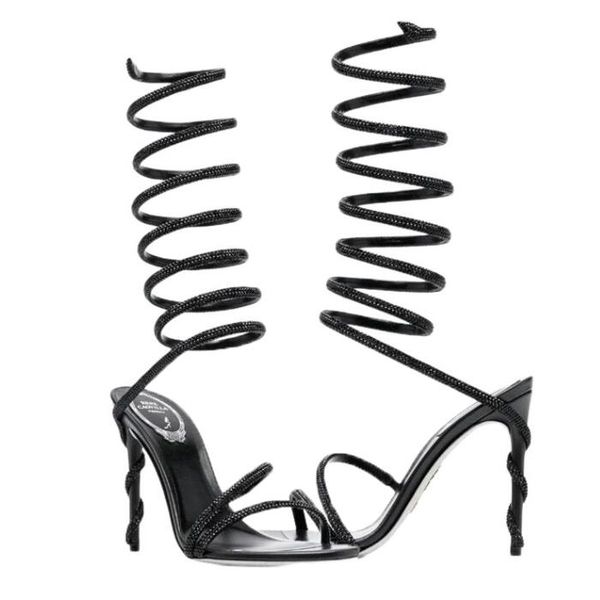 

rene caovilla cleo open toe sandals crystal embellished spiral wrap around sandals twining rhinestone sandal women rainbow stiletto heels sh, Black