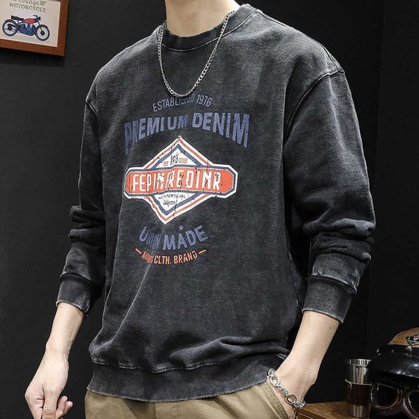 

american sweater large loose washed spring 2023 new round neck autumn and winter men's{category}, Black
