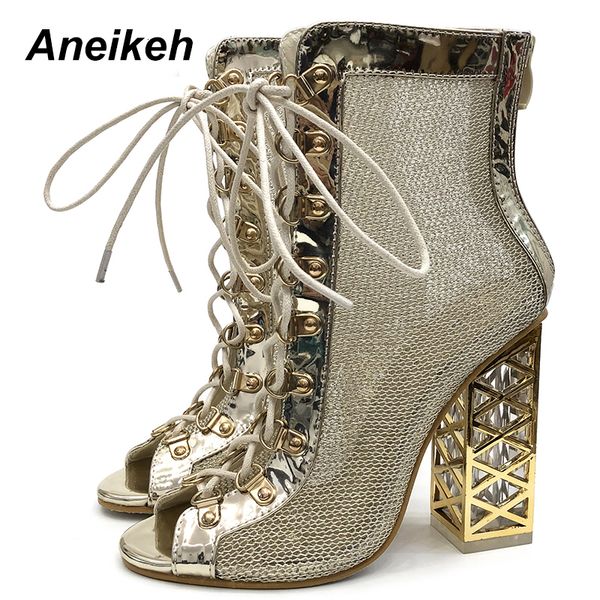 

boots aneikeh size 41 42 43 golden bling gladiator sandals women pumps ladies shoes laceup high heels ankle boots fashion 230511, Black