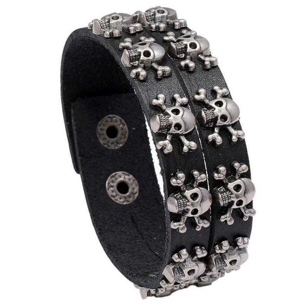 

trendy double row skull cattle leather bracelet personality vintage punk style mens jewelry, Golden;silver