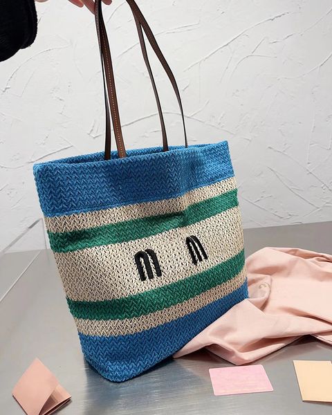 

straw beach bags new woman shoulder totes handbags designer weave fashion blue beige stripe shopping purses large capacity high quality