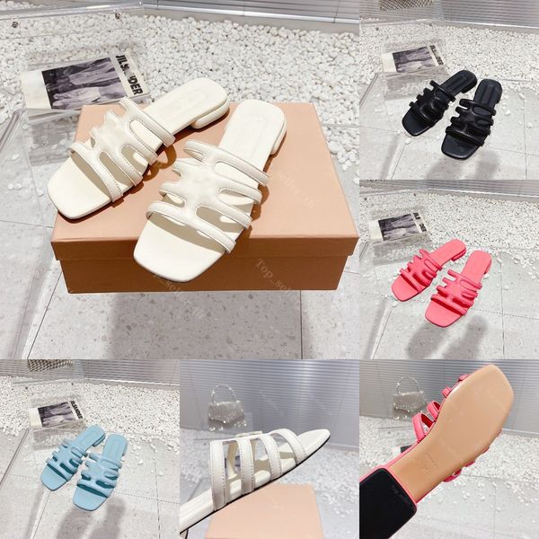 

designer women sandal leather sandals wavy band flat heel slippers summer beach slides, Black