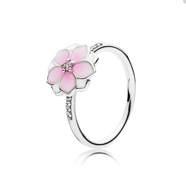 

pink magnolia bloom ring for pandora real sterling silver wedding party jewelry designer rings set for women sisters gift cute flower ring w, Slivery;golden