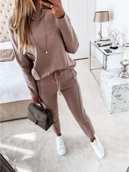 

women's two piece pants women two-piece set autumn winter high collar long sleeve sweater and trousers fashion casual streetwear office, White