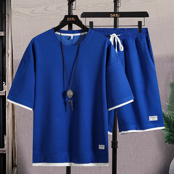 

men's tracksuits men's tracksuit 2 piece set summer solid sport suit short sleeve waffle t-shirt and shorts casual fashion man hip, Gray