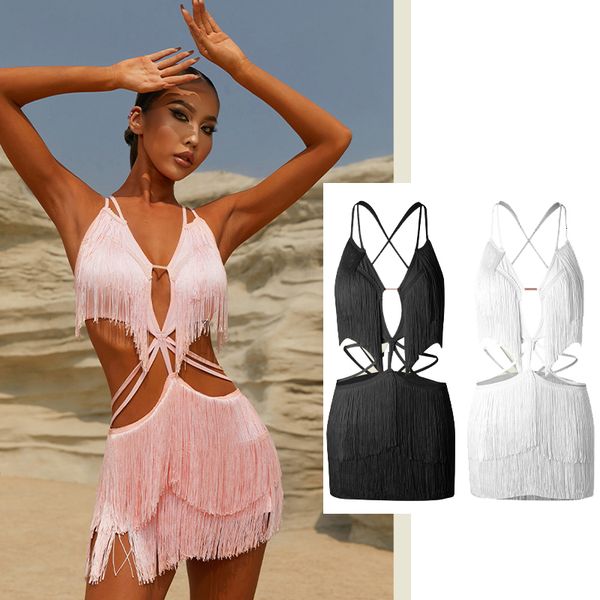 

skirt latin dance dress women hollow tassel competition dress cha rumba samba dance costume practice wear dnv17604 230511, Black;white