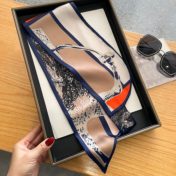 

scarves designer horse print flower imitate silk scarf headband for women fashion long handle bag scarves paris shoulder tote luggage ribbon, Blue;gray