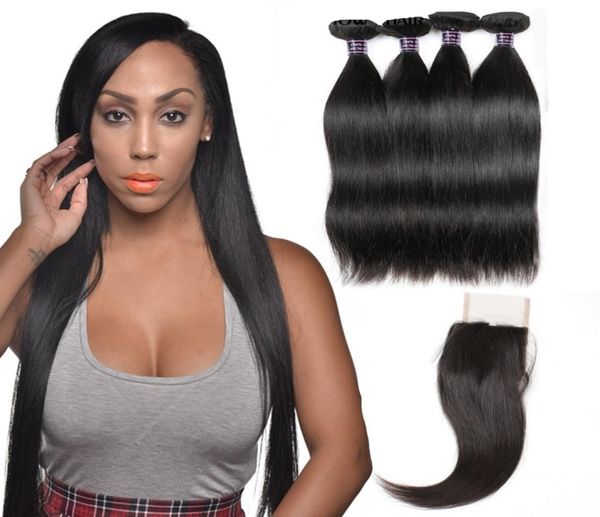 

ishow brazilian hair weaves 10a human hair bundles with closure straight peruvian hair extensions 4bundles wefts for women girls a7811432, Black