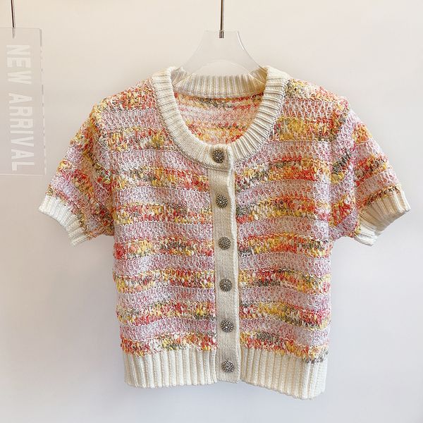 

420 2023 runway summer brand same style sweater short sleeve cardigan crew neck striped fashion clothes womens yl, White;black