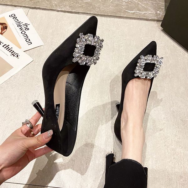 

dress shoes women fashion square buckle bridesmaid wedding solid flock pointed toe stiletto pumps french high heels 230511, Black