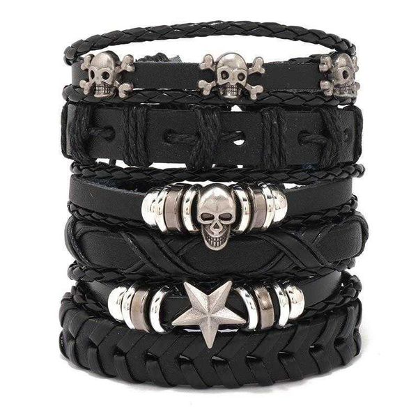

vintage weave cattle leather bracelet combination suit skull, Golden;silver