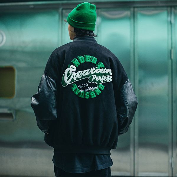 

men's jackets biggorange hip hop baseball men furry letter leather sleeve college style streetwear harajuku bomber coat 230511, Black;brown