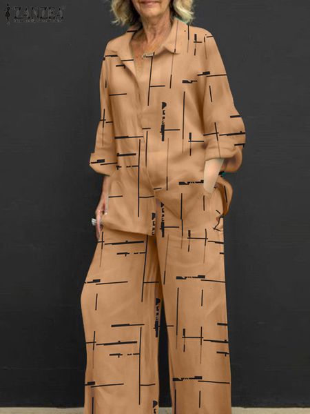 

women's two piece pants zanzea elegant 2pcs womens outifits spring fashion printed matching sets loose work trousers sets long sleeve s, White