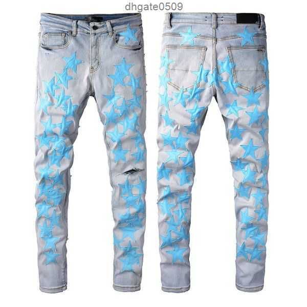 

trendy cross print wash worn out small foot rip slim fit tight men's pants patch wearing cycling elastic amirs jeans neutralqm72 4876ar, Blue