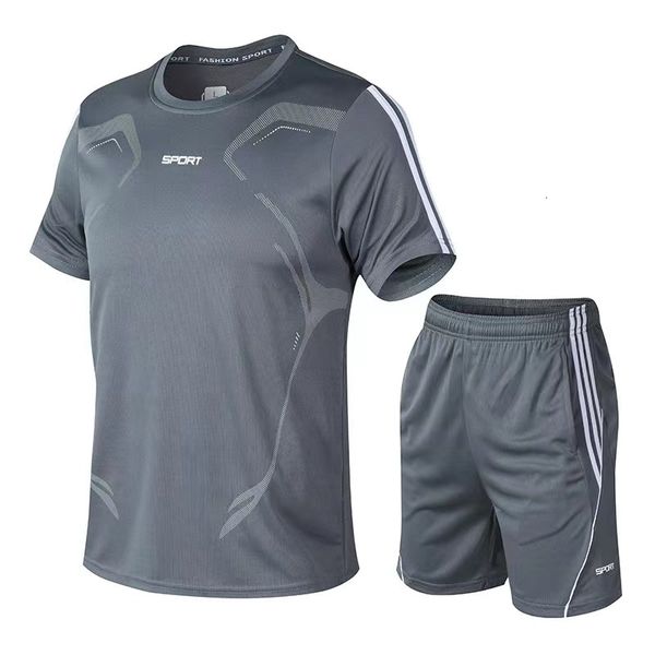 

men's tracksuits men summer sports tracksuit breathable ice silk fast dry tshirts and short pants two pieces set boys outdoor sportswea, Gray