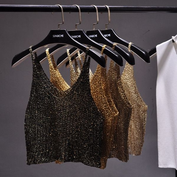 

women's tanks camis sparkling sequins half waist render knitwear hollow-out is condole cropped streetwear woman summer 230510, White