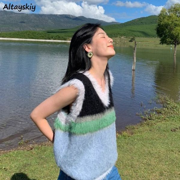

women's vests sweater vest women korean style vintage elegant fashion chic fit autumn winter female streetwear contrast color patchwork, Black;white