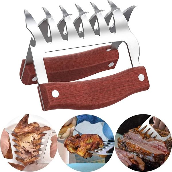 

wooden bear claws stainless steel bbq meat shredder claws with wooden handle bottle opener turkey chicken claws