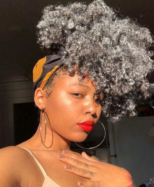 

kinky curly grey human hair puff drawstring ponytail clip in silver natural hair pony tail updo women afro gray hair extension7123702, Black