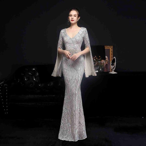 

18576# sequin long banquet slim fitting fishtail elegant celebrity party annual meeting host party dress, White;black