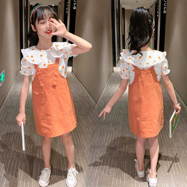 

clothing sets girl summer clothing sets kids baby girls clothes orange polka dot shirt suspender dress 2pcs child girls party outfits aa2305, White