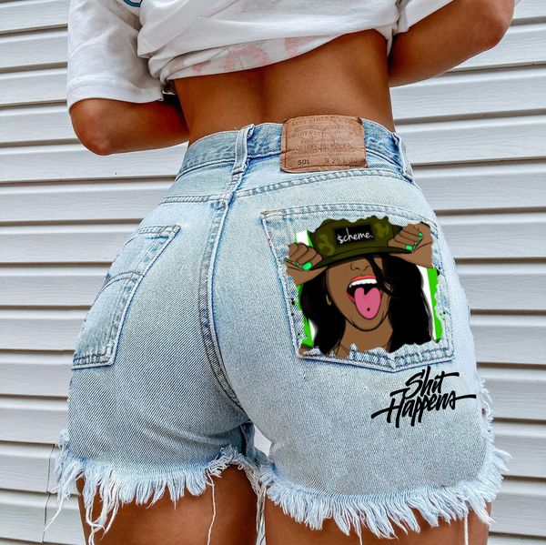 

women's short's 2023 summer high street ins net red playful girl pattern printed denim shorts ripped fringed pants 230510, White;black