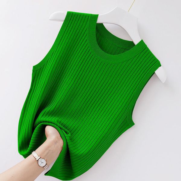

women's tanks camis summer ice silk vest korean version solid color knitted thin loose temperament round neck sleeveless for outer wear, White