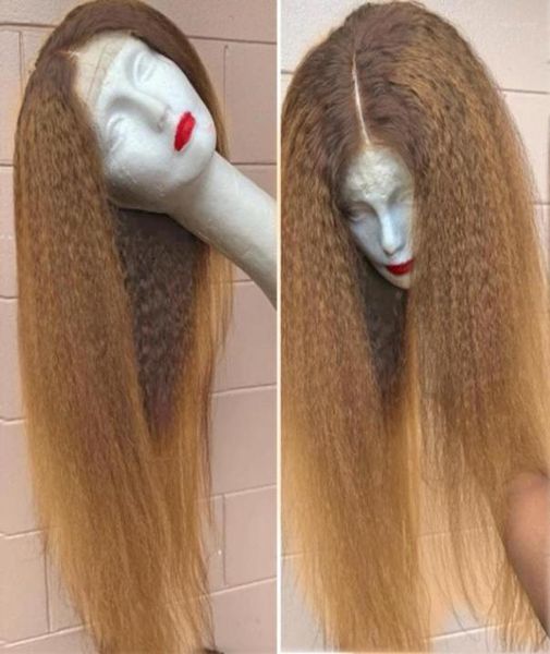 

13x4 transparent lace front yaki ombre blonde 27 color kinky straight frontal pre plucked synthetic hair8625326, Black;brown