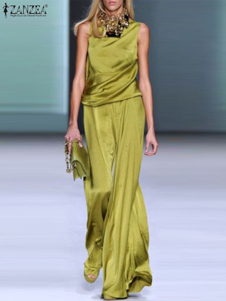 

women's two piece pants summer matching sets zanzea women sleeveless blouse pants sets solid tracksuits casual satin ol wide leg trouse, White