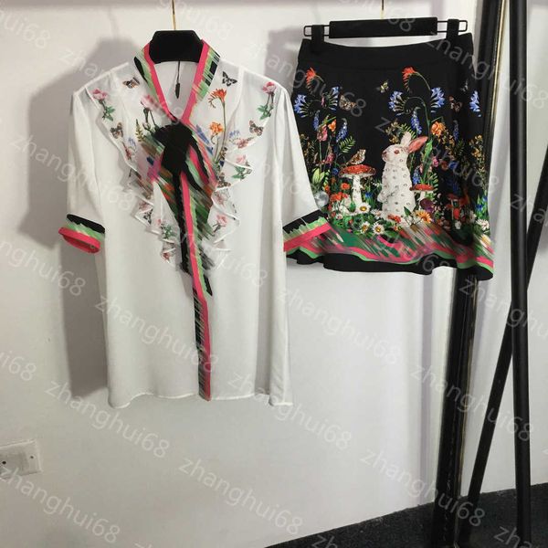 

23ss shirt set womens designer clothing women set bow lotus collar short sleeve shirt nail drill rabbit print high waist short half skirt se, White