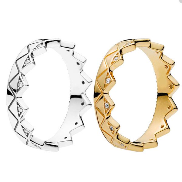 

gold plated geometric crown ring for pandora 925 sterling silver party jewelry designer rings for women men crystal diamond couple's ri, Slivery;golden