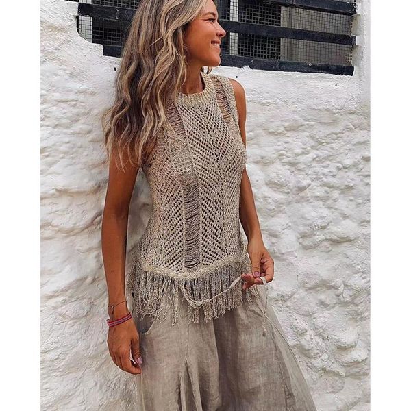 

swimwear 2022 bikinis coverups knitted see through mesh beach cover summer clothes o neck hollow out blouse tassel tank, White;black