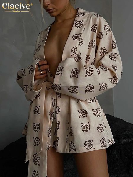 

women's two piece pants clacive fashion loose print 2 sets womens outfits casual lace-up long sleeve robes with high waist shorts set h, White