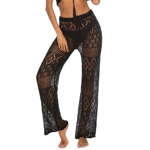 

women's swimwear foohoostore women seethrough beach cover up drawstring crochet fishnet hollow out knit wide leg pant swimming coverups, White;black
