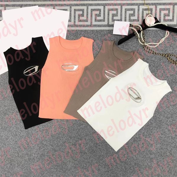 

women tight tank hollow knitted vest fashion metal letter sleeveless crop, White